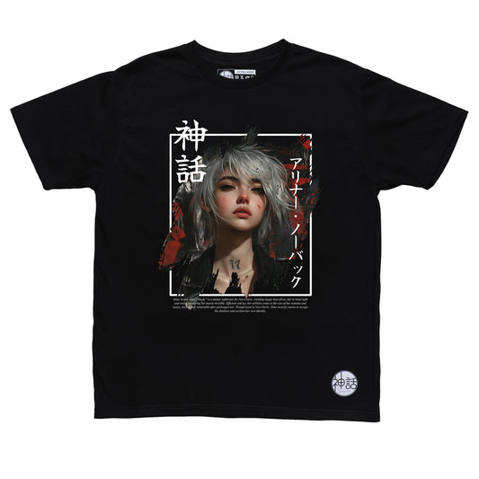 white-haired post-apocalyptic anime girl wearing streetwear on black t-shirt by Shinwa, streetwear brand from the Philippines