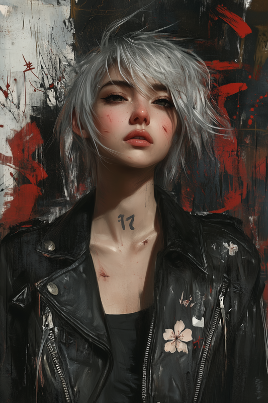 white-haired post-apocalyptic anime girl wearing streetwear