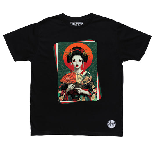painted geisha holding a colorful fan in black t-shirt by Shinwa, streetwear brand from the Philippines