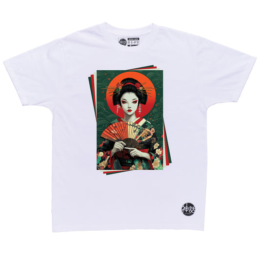 painted geisha holding a colorful fan in white t-shirt by Shinwa, streetwear brand from the Philippines