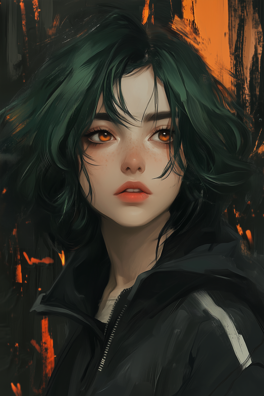 green-haired, orange-eyed anime girl in hoodie graphic