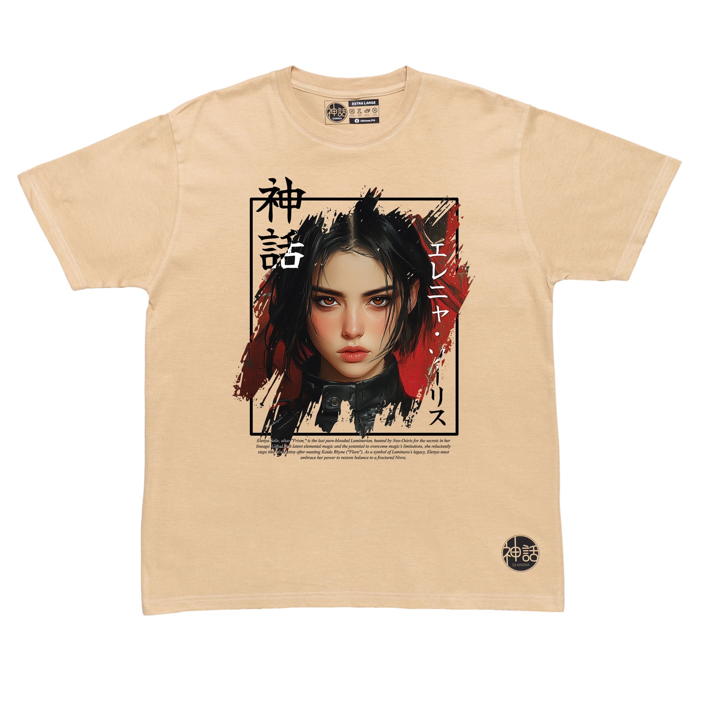 black-haired modern samurai anime girl in beige t-shirt by Shinwa, streetwear brand from the Philippines