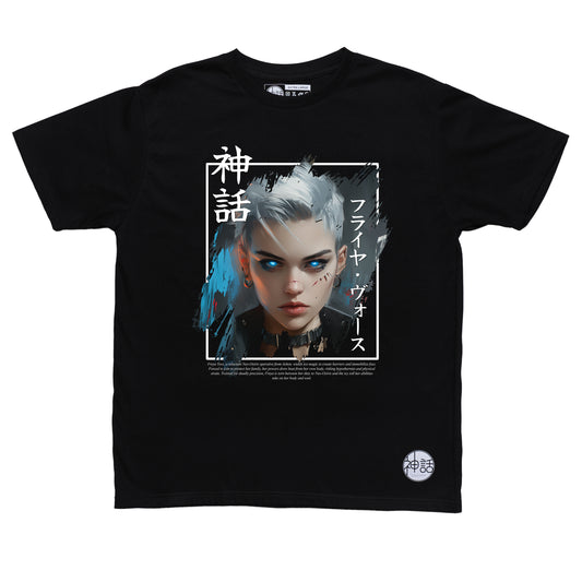 short white-haired, blue eyed postapocalyptic girl in black t-shirt by Shinwa , streetwear brand from the Philippines
