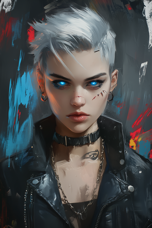 short white-haired, blue eyed postapocalyptic girl