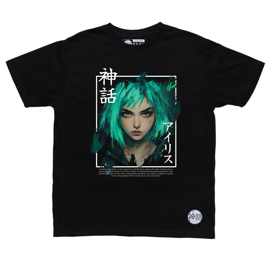 green-haired, green-eyed girl wearing streetwear in black t-shirt by Shinwa, streetwear brand from the Philippines