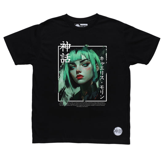 green-haired green-eyed dystopian anime girl in black t-shirt by Shinwa, streetwear brand from the Philippines
