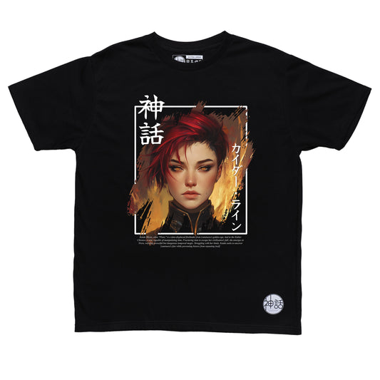 red-haired anime girl with fire powers in black t-shirt by Shinwa, streetwear brand from the Philippines