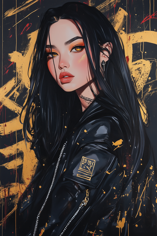 black-haired anime girl wearing leather jacket