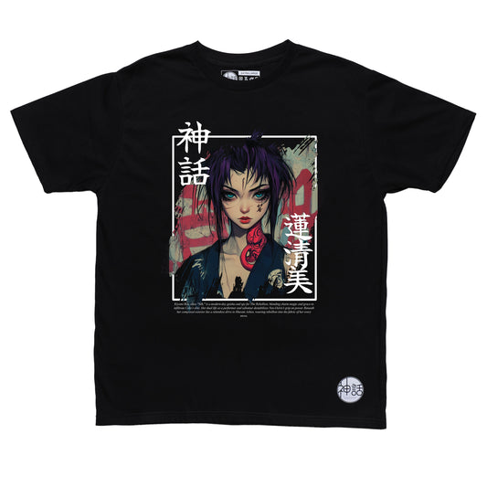 purple-haired samurai girl in black t-shirt by Shinwa, streetwear brand from the Philippines
