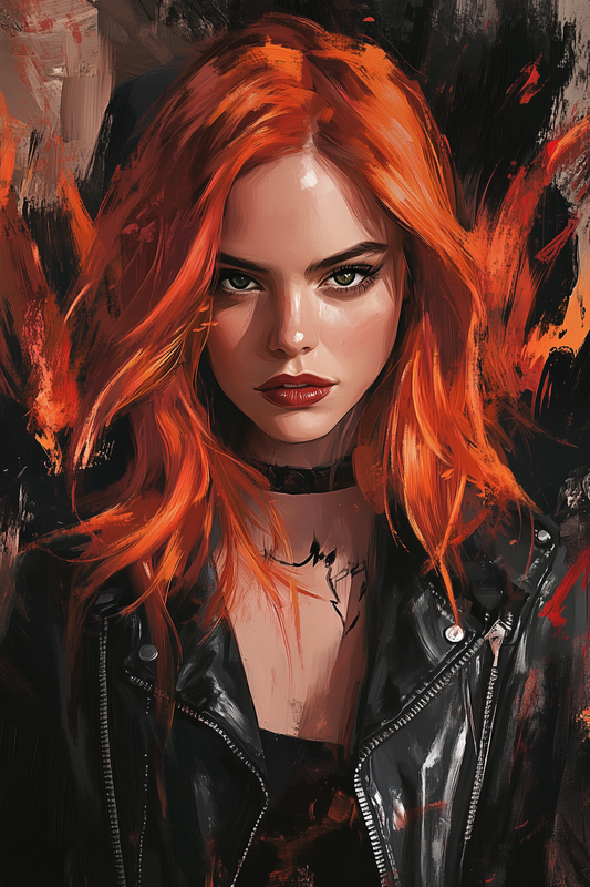 red-haired woman wearing leather jacket