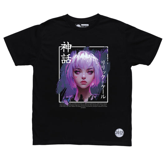 pink-haired, pink-eyed anime girl in black t-shirt by Shinwa, streetwear brand from the Philippines