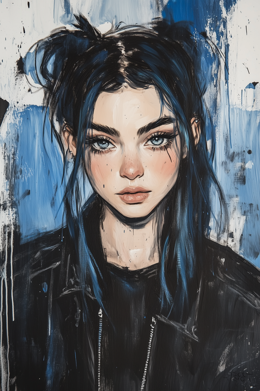 blue-haired, blue-eyed anime girl wearing a white leather jacket