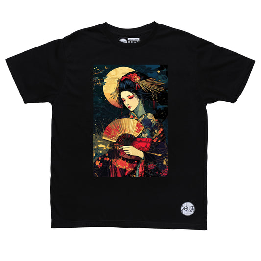 geisha holding a colorful fan against the moon in black t-shirt by Shinwa, streetwear brand from the Philippines