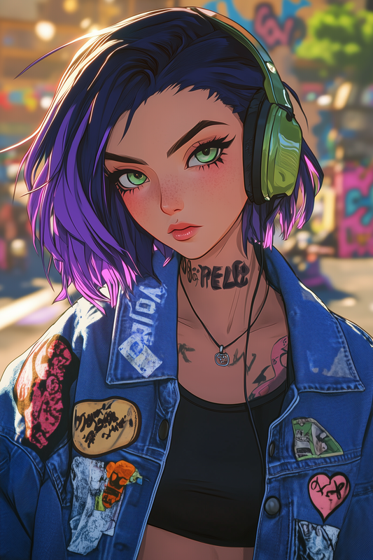 purple-haired streetwear anime girl with green headphones by Shinwa