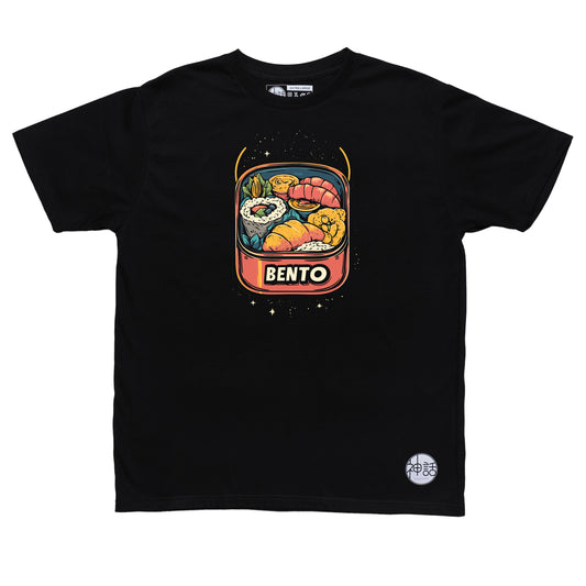 stylized bento box graphic on black t-shirt by Shinwa, streetwear brand from the Philippines