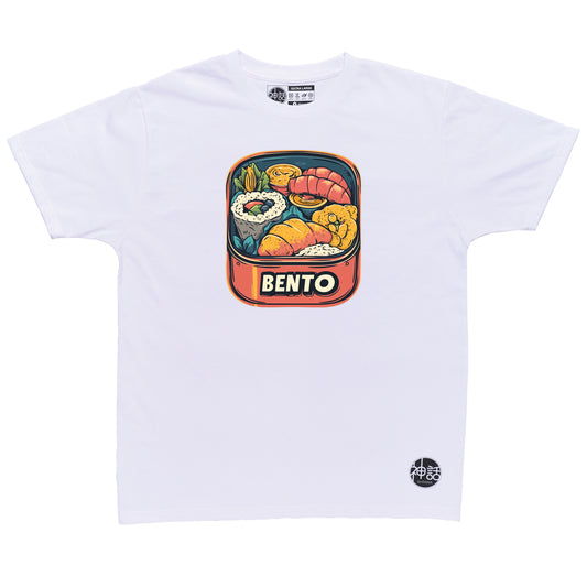 stylized bento box graphic on white t-shirt by Shinwa, streetwear brand from the Philippines