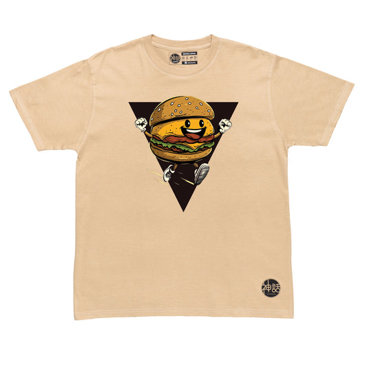 burger graphic in beige t-shirt by Shinwa, streetwear brand from the Philippines