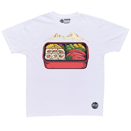 stylized Fuji bento box design on white t-shirt by Shinwa, streetwear brand from the Philippines