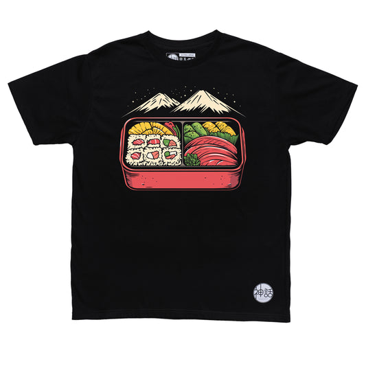 stylized Fuji bento box design on black t-shirt by Shinwa, streetwear brand from the Philippines