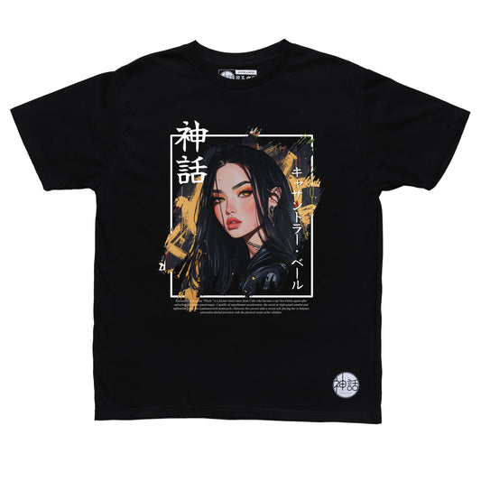 black-haired anime girl wearing leather jacket in black t-shirt by Shinwa, streetwear brand from the Philippines