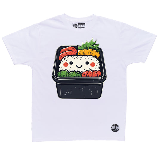 cute sushi roll graphic on white t-shirt by Shinwa, streetwear brand from the Philippines