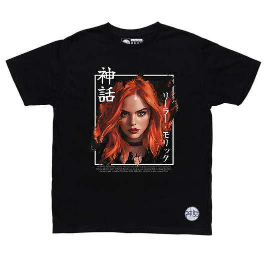 red-haired woman wearing leather jacket in black t-shirt by Shinwa, streetwear brand from the Philippines