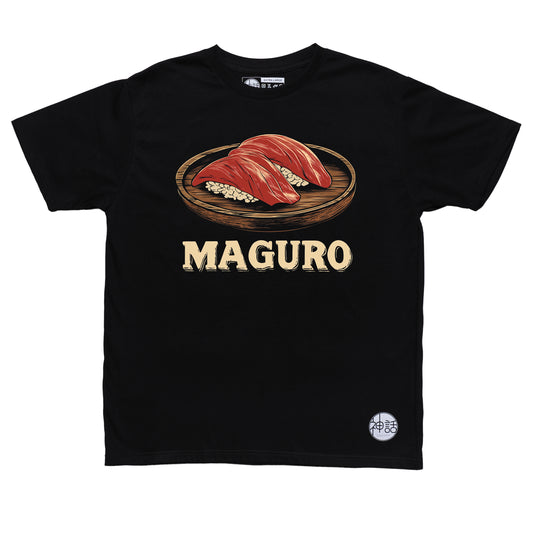 stylized tuna sushi graphic on black t-shirt by Shinwa, streetwear brand from the Philippines