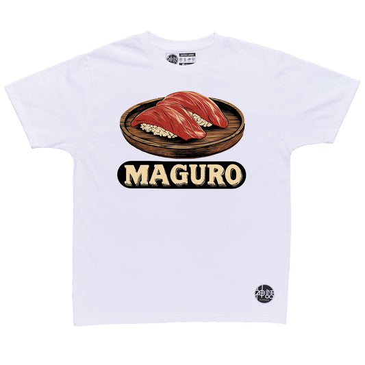 stylized tuna sushi graphic on white t-shirt by Shinwa, streetwear brand from the Philippines
