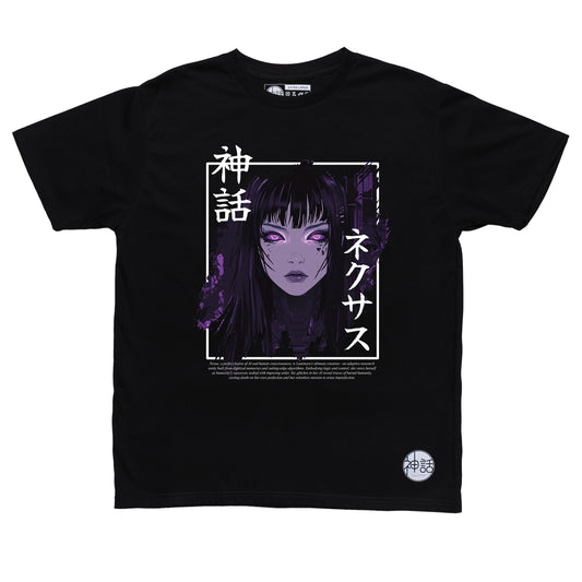 black-haired, purple-eyed anime girl in black t-shirt by Shinwa, streetwear brand from the Philippines