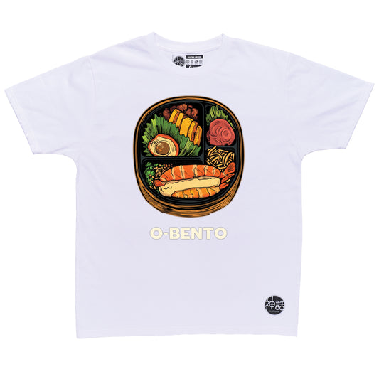 illustrated Japanese o-bento box with rice, egg, and meat on white t-shirt by Shinwa, streetwear brand from the Philippines