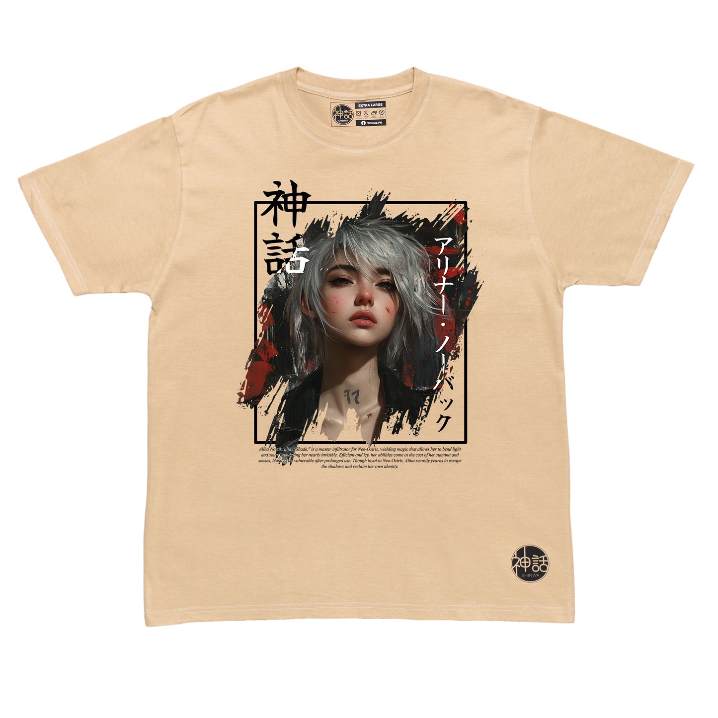 white-haired post-apocalyptic anime girl wearing streetwear on beige t-shirt by Shinwa, streetwear brand from the Philippines