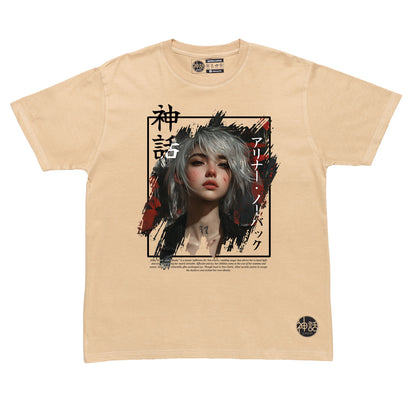 white-haired post-apocalyptic anime girl wearing streetwear on beige t-shirt by Shinwa, streetwear brand from the Philippines
