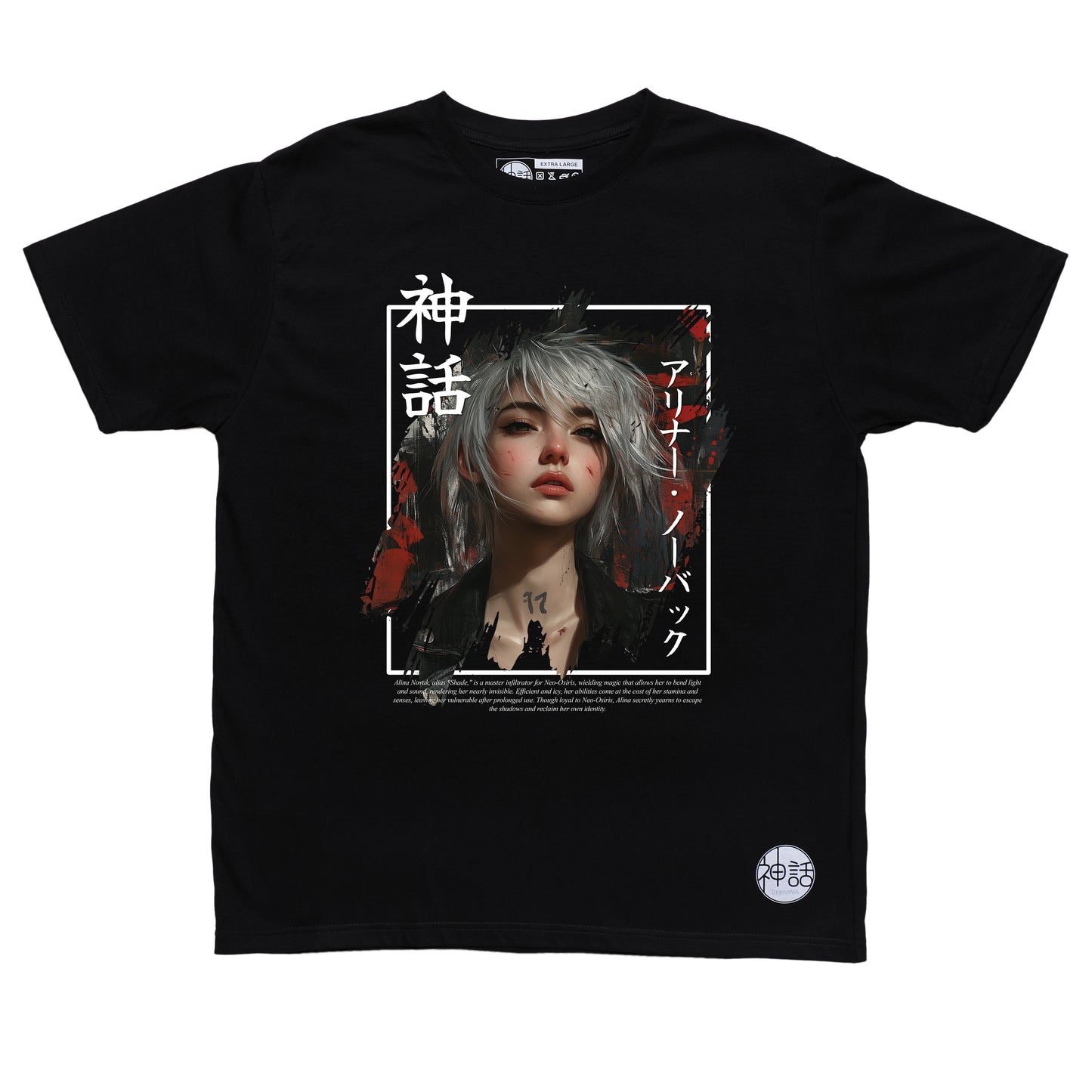 white-haired post-apocalyptic anime girl wearing streetwear on black t-shirt by Shinwa, streetwear brand from the Philippines