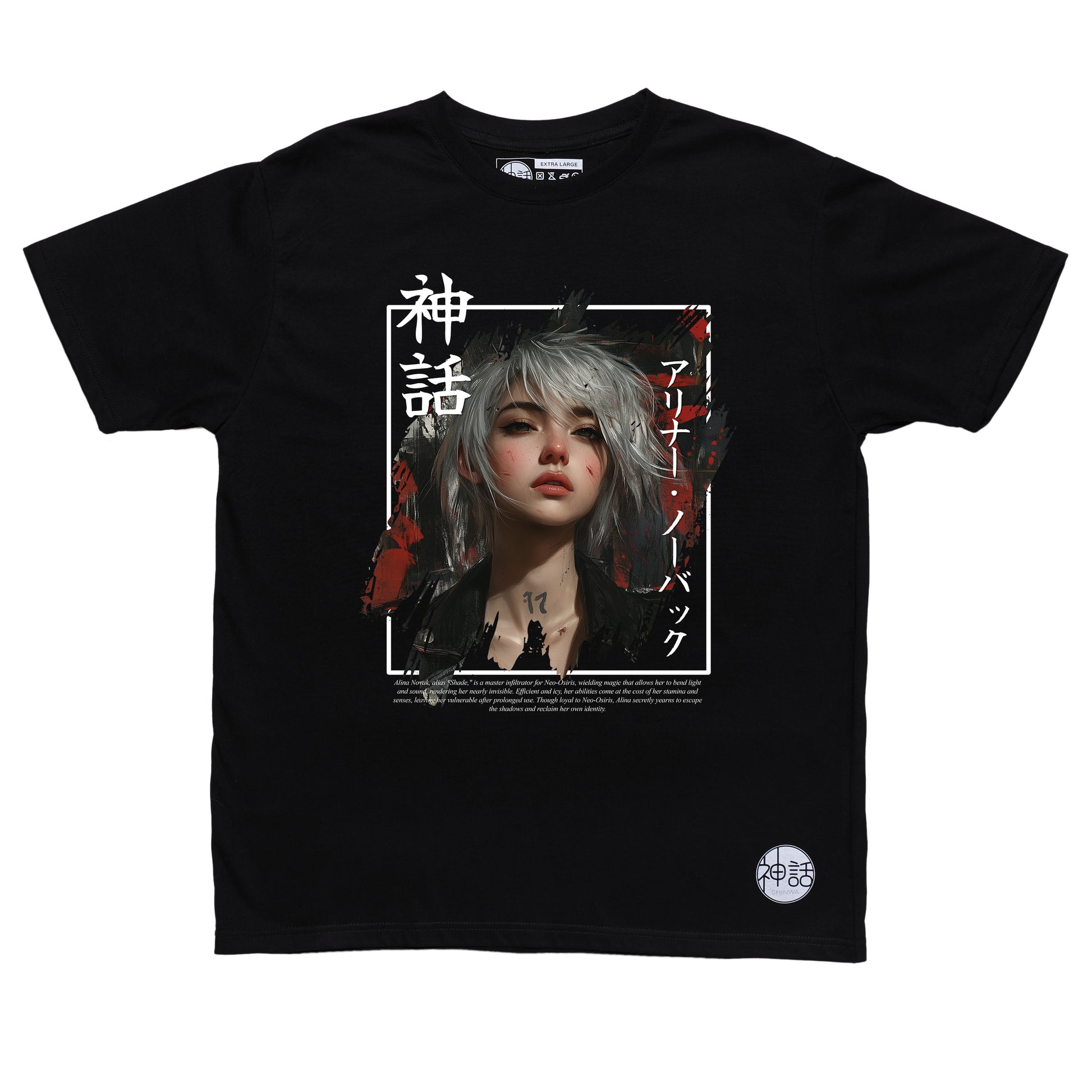 white-haired post-apocalyptic anime girl wearing streetwear on black t-shirt by Shinwa, streetwear brand from the Philippines