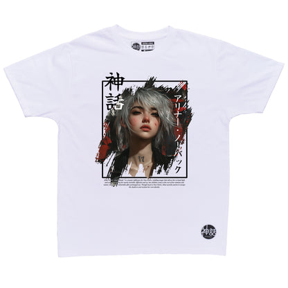 white-haired post-apocalyptic anime girl wearing streetwear on white t-shirt by Shinwa, streetwear brand from the Philippines