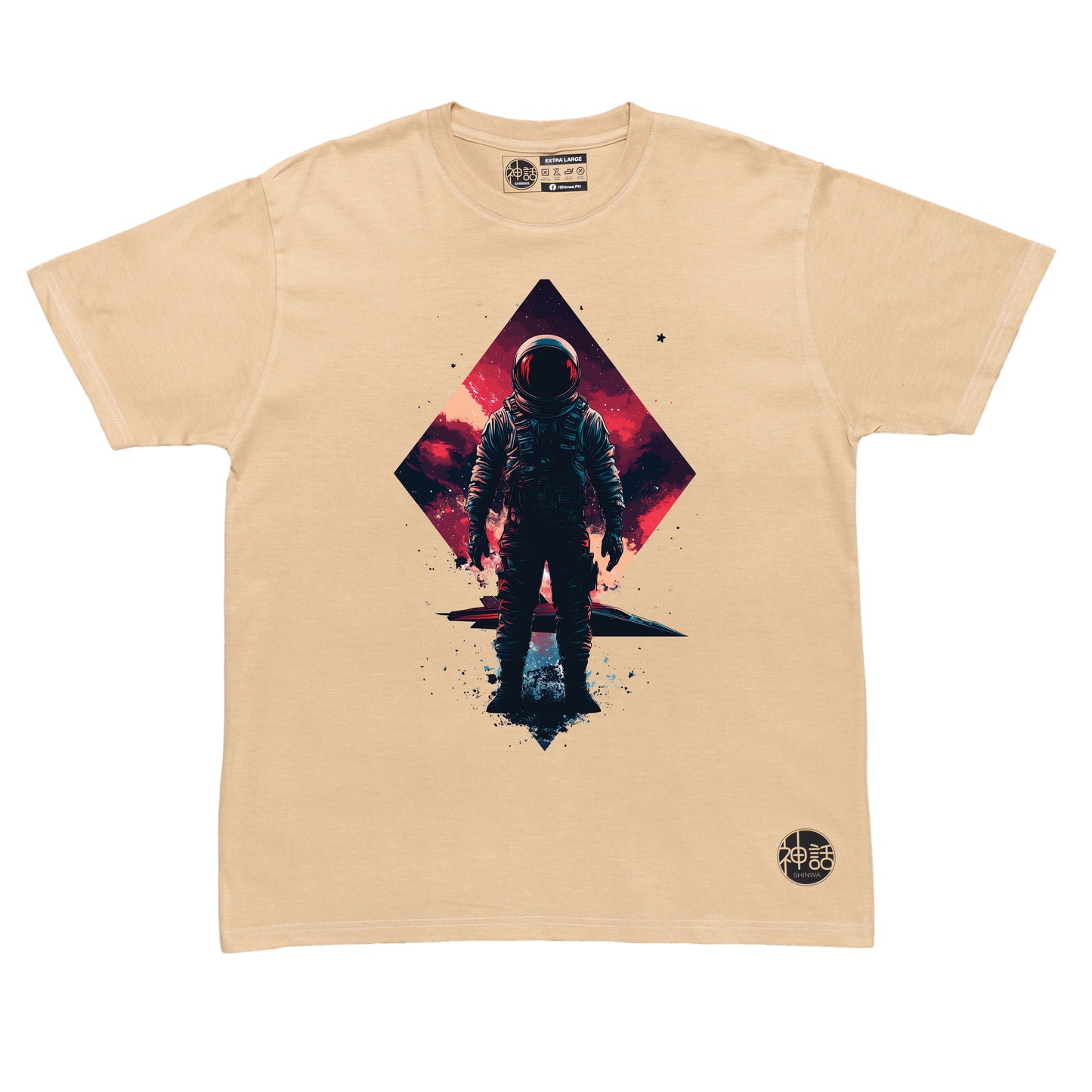 Lone astronaut standing in front of his spaceship on a distant alien planet on beige t-shirt by Shinwa, streetwear brand from the Philippines