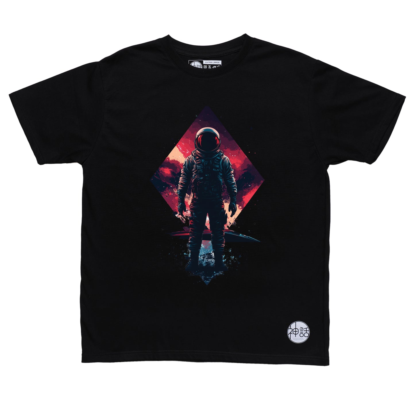 Lone astronaut standing in front of his spaceship on a distant alien planet on black t-shirt by Shinwa, streetwear brand from the Philippines