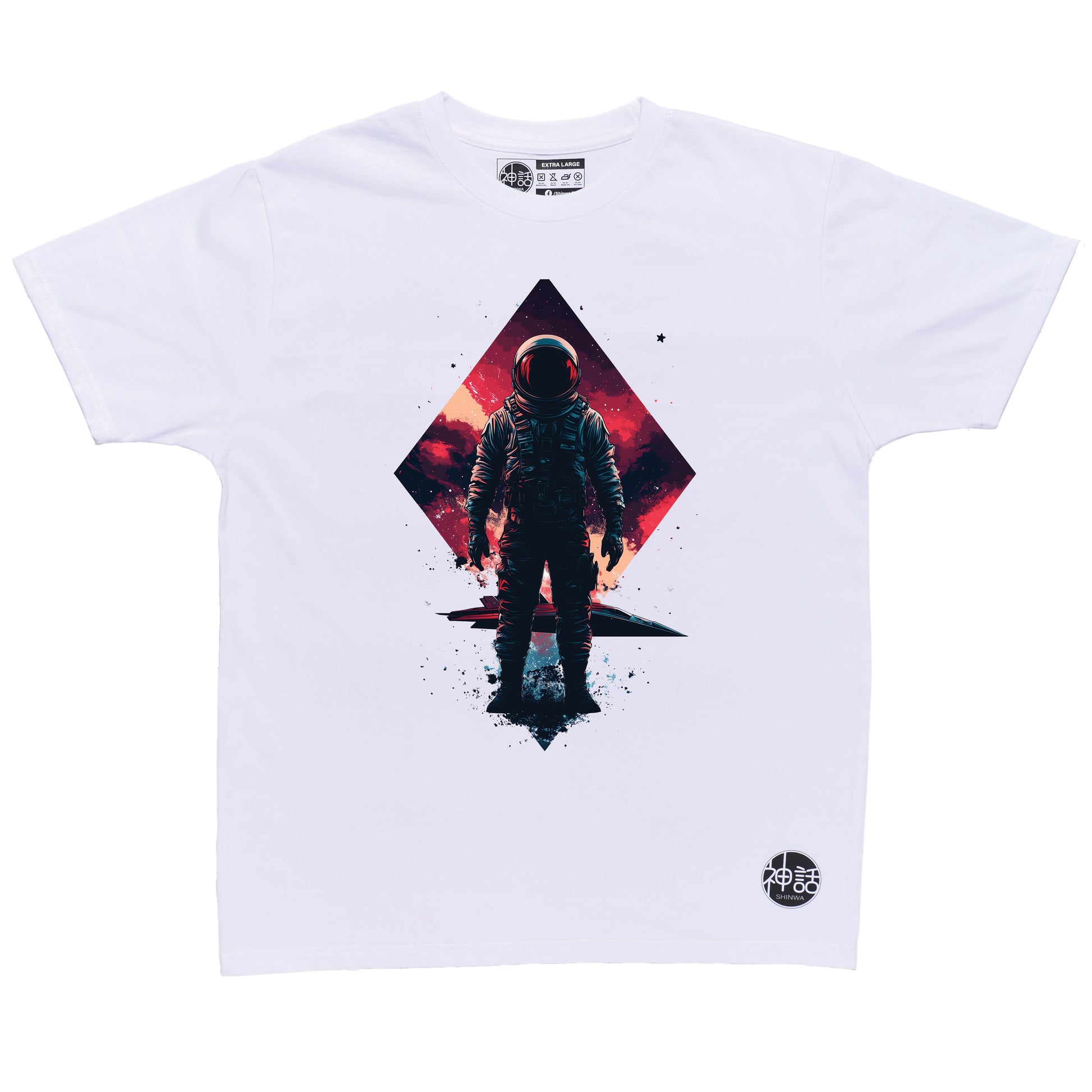 Lone astronaut standing in front of his spaceship on a distant alien planet on white t-shirt by Shinwa, streetwear brand from the Philippines