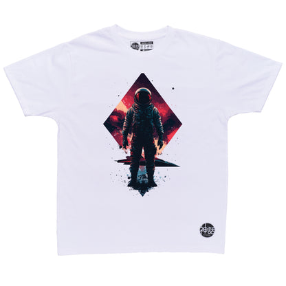 Lone astronaut standing in front of his spaceship on a distant alien planet on white t-shirt by Shinwa, streetwear brand from the Philippines