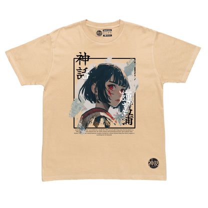 samurai anime girl in beige t-shirt by Shinwa, streetwear brand from the Philippines