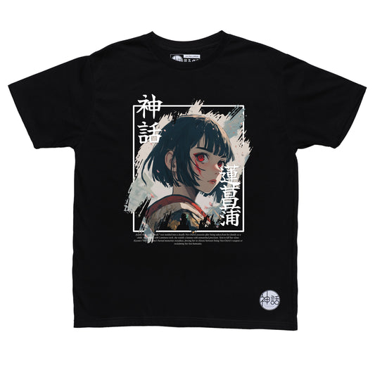 samurai anime girl in black t-shirt by Shinwa, streetwear brand from the Philippines