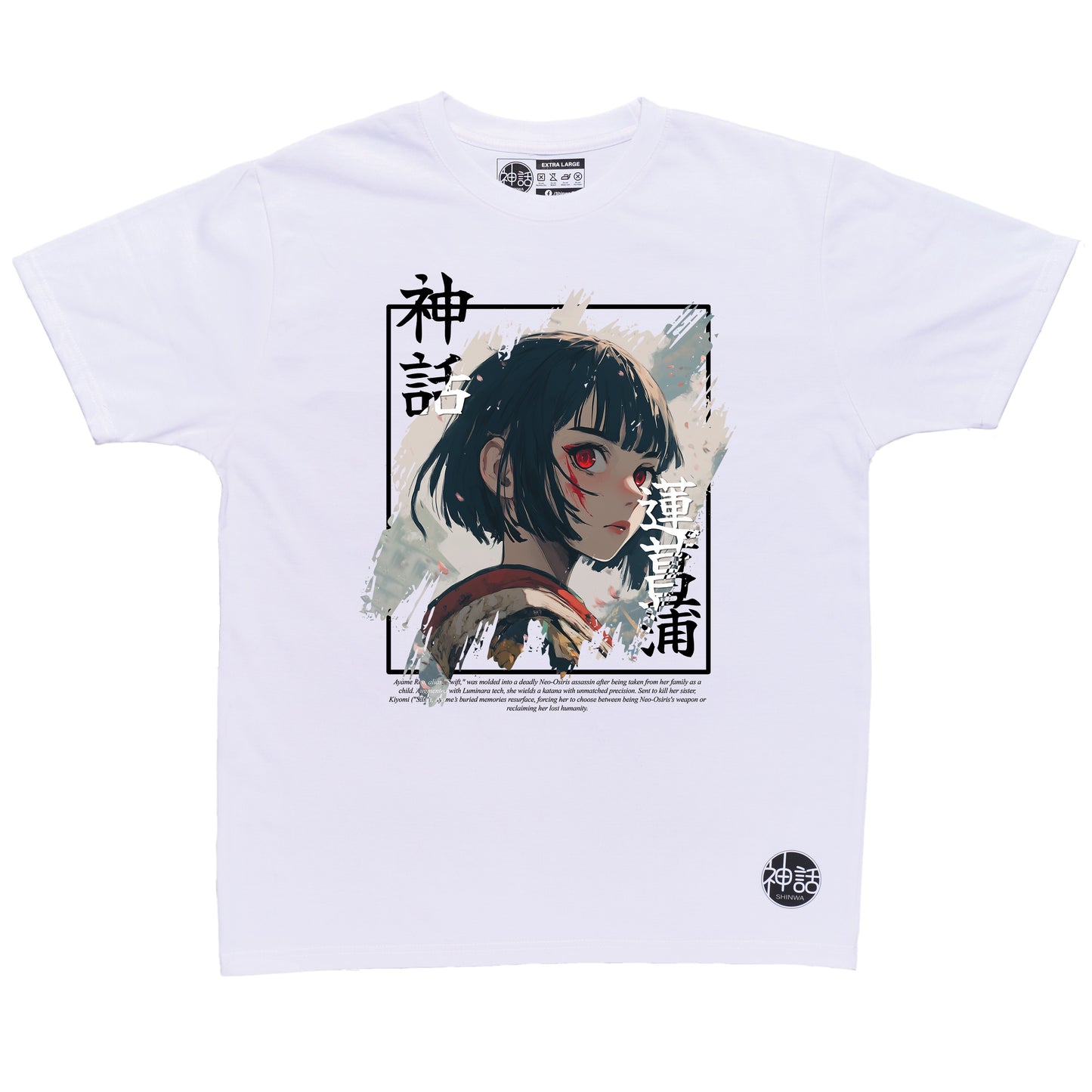 samurai anime girl in white  t-shirt by Shinwa, streetwear brand from the Philippines