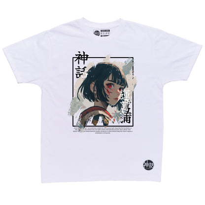 samurai anime girl in white  t-shirt by Shinwa, streetwear brand from the Philippines
