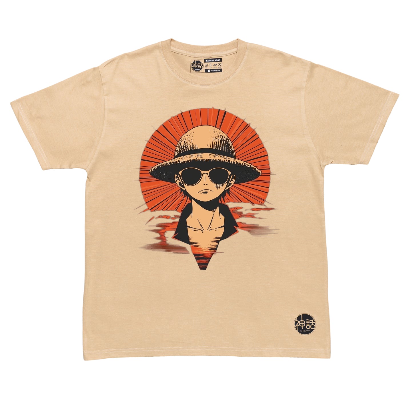 anime boy in straw hat and sunglasses staring forward against red sun on black t-shirt by Shinwa, streetwear brand from the Philippines