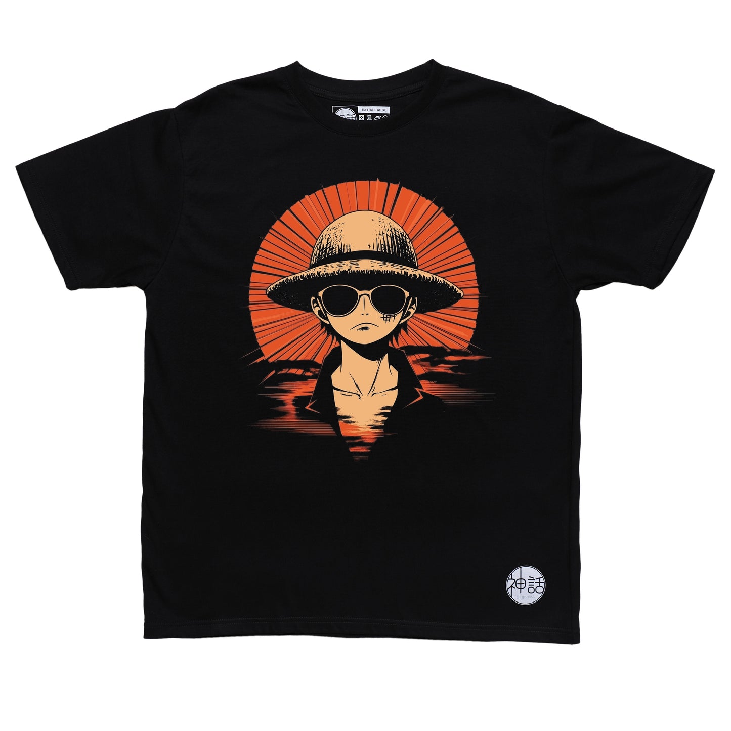anime boy in straw hat and sunglasses staring forward against red sun on black t-shirt by Shinwa, streetwear brand from the Philippines