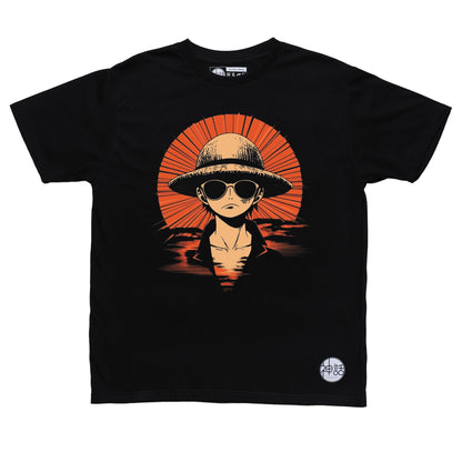 anime boy in straw hat and sunglasses staring forward against red sun on black t-shirt by Shinwa, streetwear brand from the Philippines