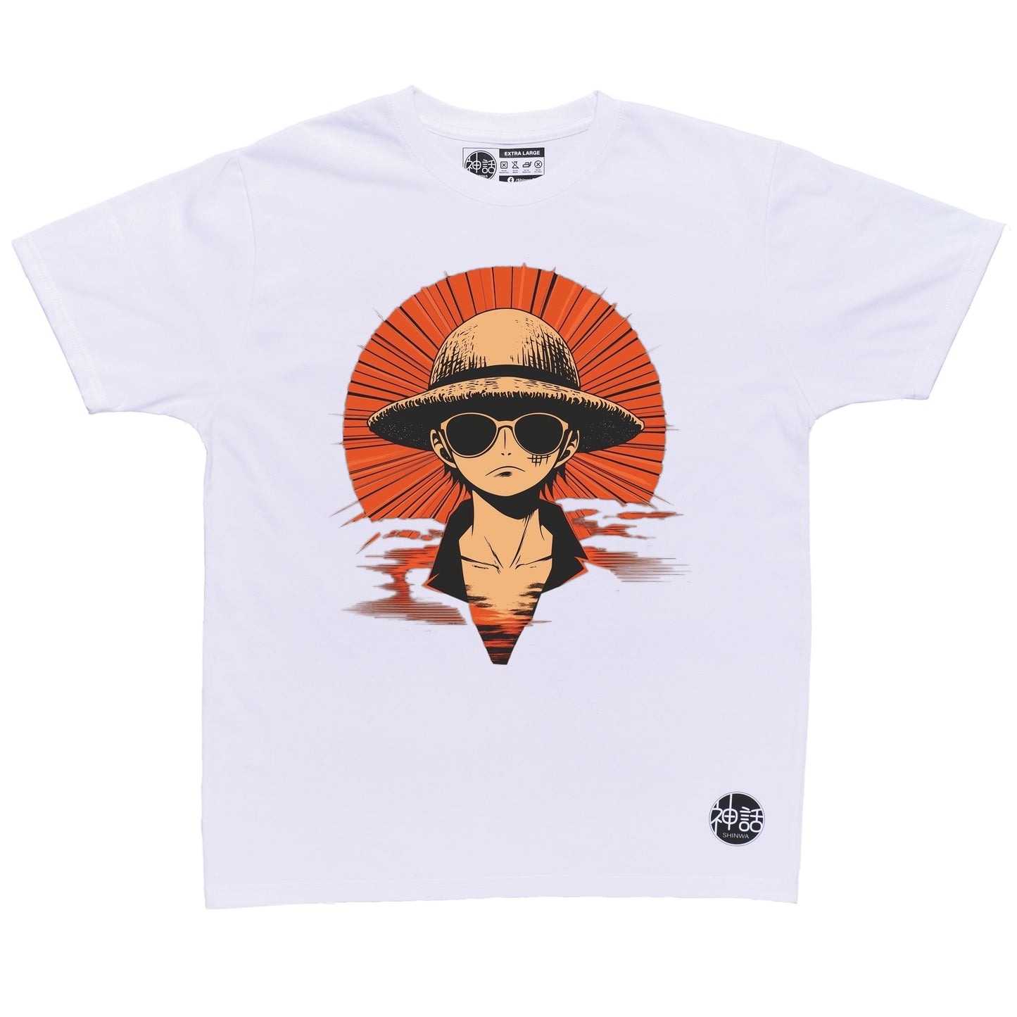 anime boy in straw hat and sunglasses staring forward against red sun on white t-shirt by Shinwa, streetwear brand from the Philippines