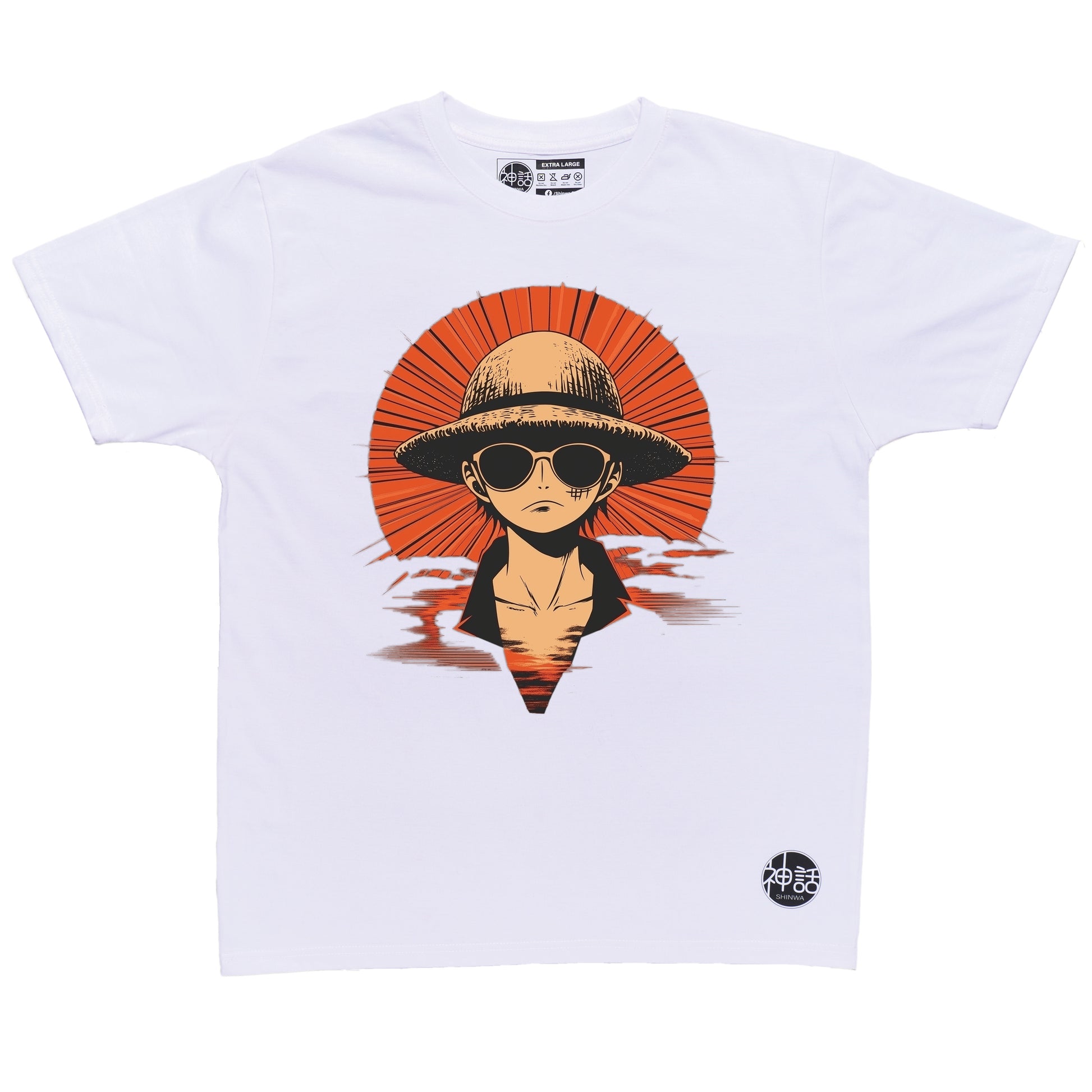 anime boy in straw hat and sunglasses staring forward against red sun on white t-shirt by Shinwa, streetwear brand from the Philippines