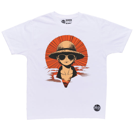 anime boy in straw hat and sunglasses staring forward against red sun on white t-shirt by Shinwa, streetwear brand from the Philippines