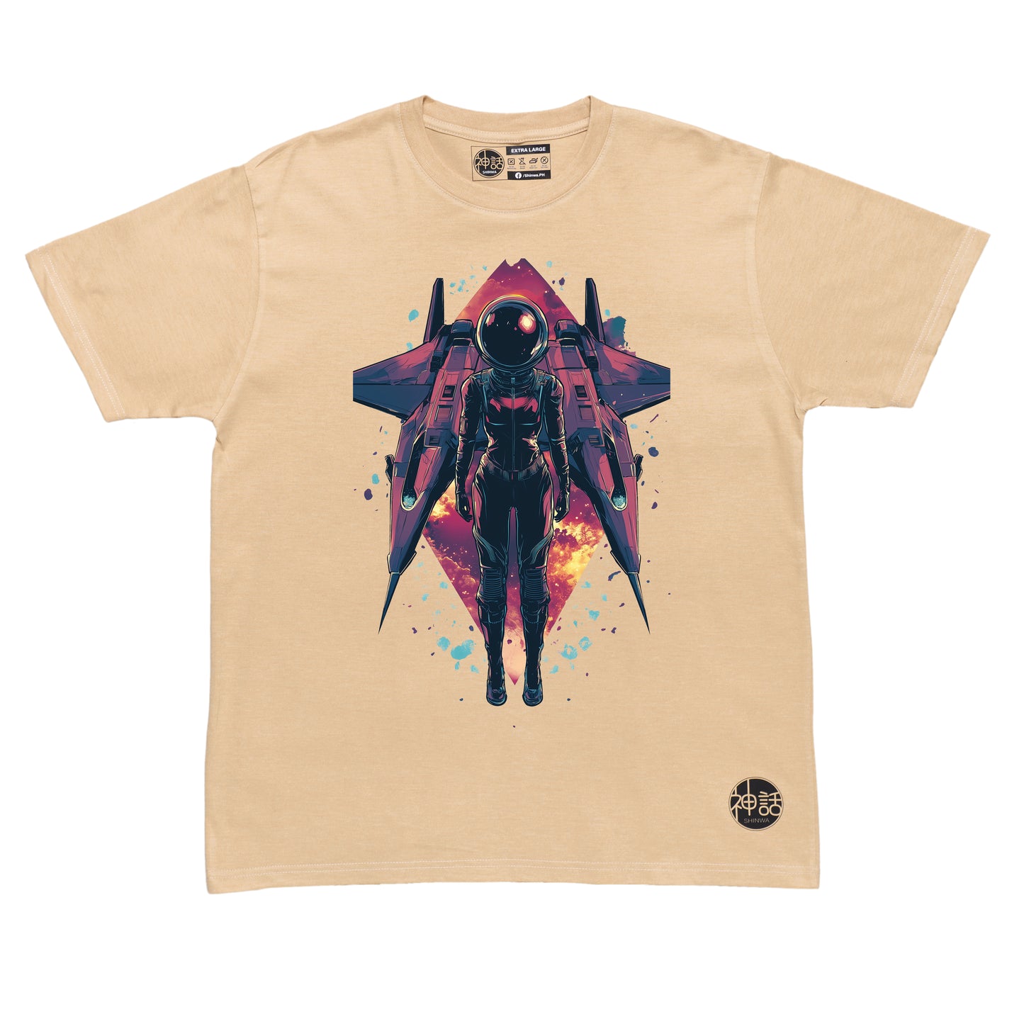 Lone astronaut standing in front of his spaceship with colorful nebula in the background on beige t-shirt by Shinwa, streetwear brand from the Philippines